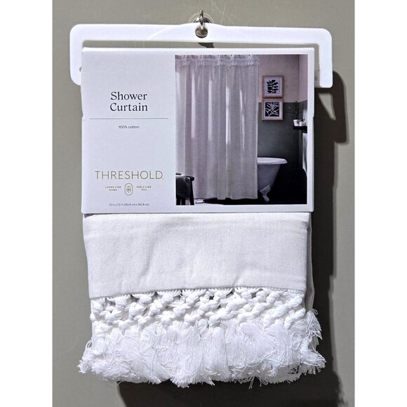 Threshold Light Gray & Crochet Top Trim Shower Curtain 100% Cotton & 72" x 72" - Picture 1 of 5